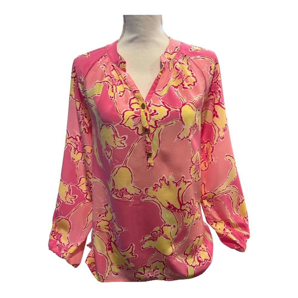 Lily Pulitzer Floral Silk Long Sleeve Blouse Pink Yellow Size Small